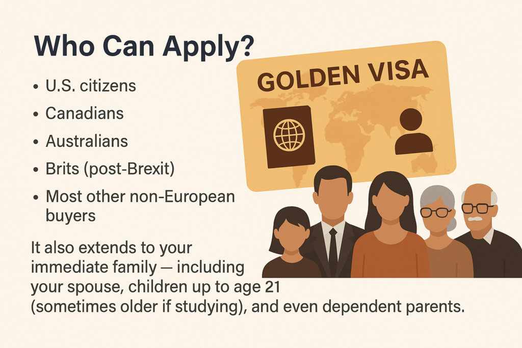 Infographic showing who qualifies for Greece’s Golden Visa, including non-European buyers and their families