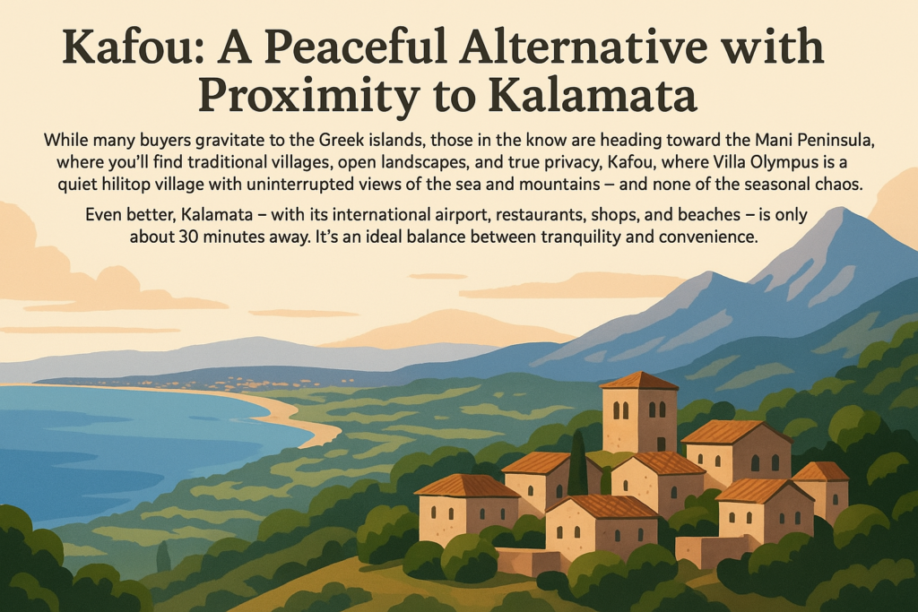 Illustration of Kafou village in the Mani Peninsula with sea and mountain views near Kalamata, Greece