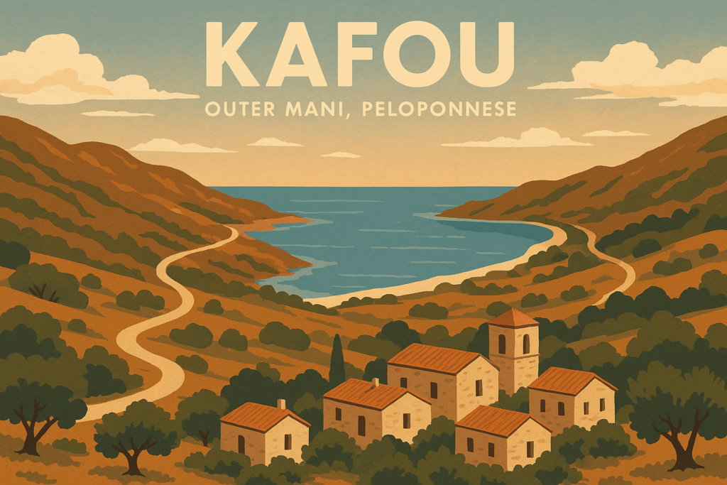 Illustrated landscape of Kafou village in Outer Mani, Peloponnese with winding coastal roads and sea view